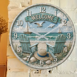 Coastal Beach Welcome Nautical Ocean Decor Large Clock