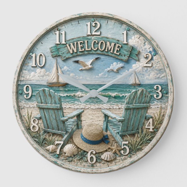 Coastal Beach Welcome Nautical Ocean Decor  Large Clock (Front)