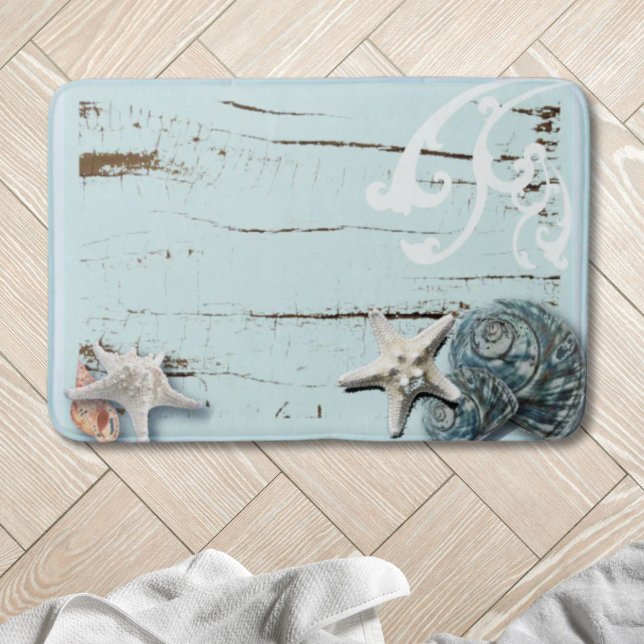 Coastal beach wood aqua blue starfish seashells bath mat (Coastal beach wood aqua blue starfish seashells bath mat)