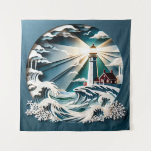 Coastal Beacon: A Papercut Art Lighthouse Scene Tapestry