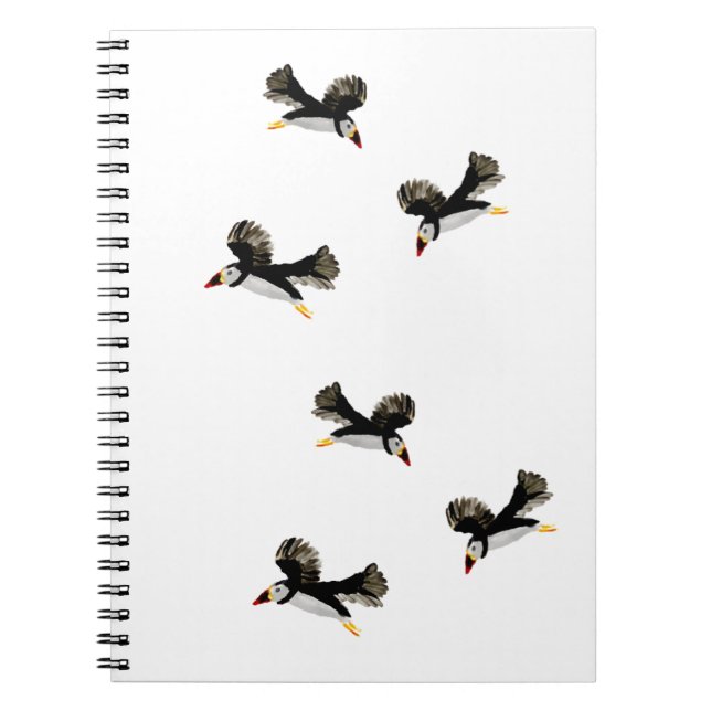 Coastal Birds Flying Puffins Spiral Notebook (Front)