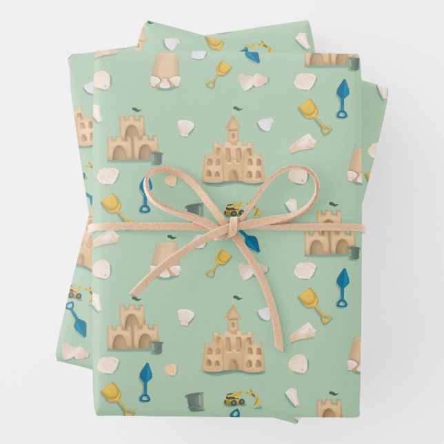 Coastal Birthday Sandcastle Beach Seashell Wrapping Paper Sheet (In situ)