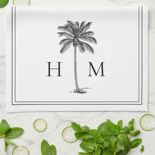 Coastal Black and White Palmetto Palm Monogram Tea Towel (Folded)