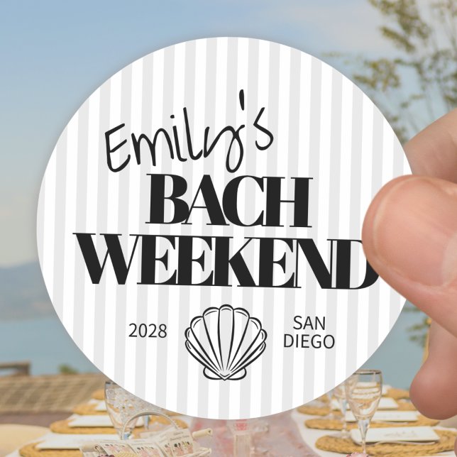 Coastal Black Striped Bach Weekend Shell Classic Round Sticker (Creator Uploaded)