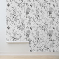 Coastal Black & White LIne Art Sea Life Pattern