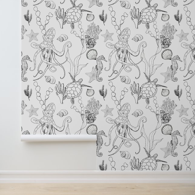 Coastal Black & White LIne Art Sea Life Pattern Wallpaper (Application)