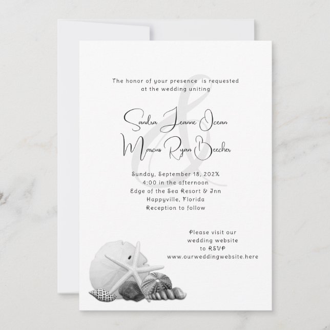 Coastal Black & White Shell Wedding Invitations (Front)
