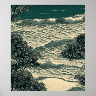 Coastal Bliss: Serene Sandy Beach Lino Cut Drawing Poster