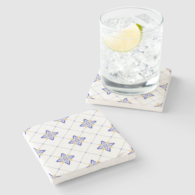 Coastal Blossom Minimal Blue Modern Mediterranean  Stone Coaster (Side)