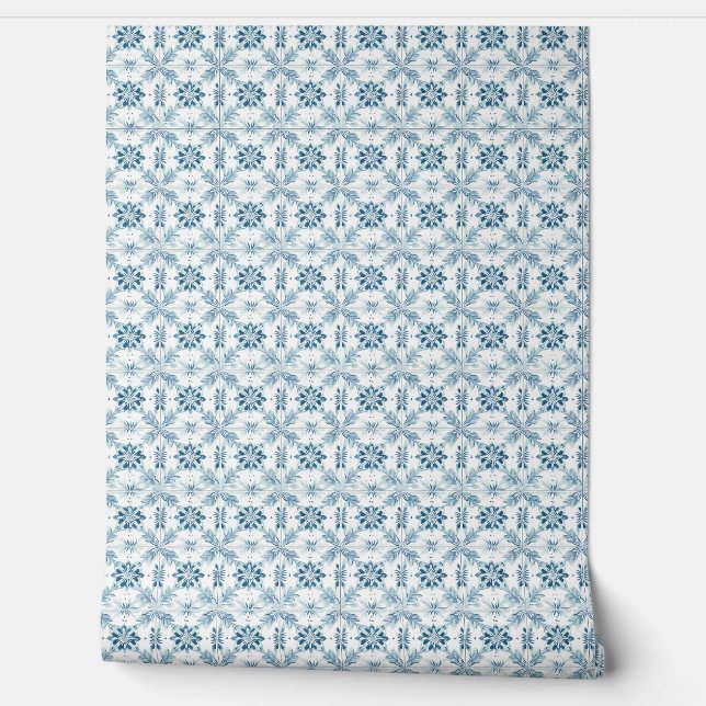 Coastal Blossom Tiles Mini - Soft Teal, White Wallpaper (Unrolling)