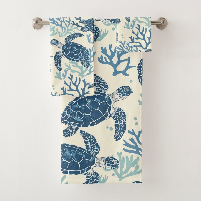 Coastal Blue and Cream Sea Turtles Personalised Bath Towel Set (Insitu)
