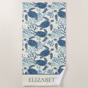 Coastal Blue and Cream Sea Turtles Personalised Beach Towel