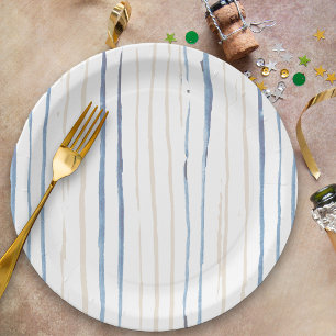 Coastal Blue and Sand Brushstroke Striped Paper Plate