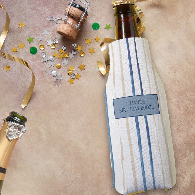 Coastal Blue and Sand Striped Personalised Bottle Cooler (Personalized Cooler from my Floral Number Birthday Party Collection)