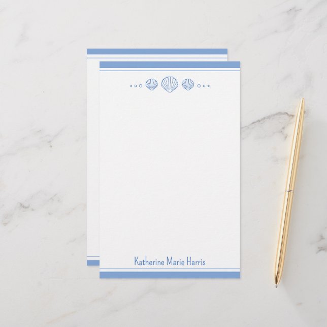 Coastal Blue and Scallop Seashells Personalised Stationery (Front/Back In Situ)