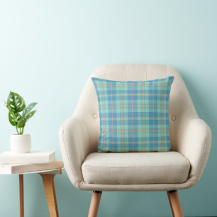 Coastal Blue and Sea Foam Green Plaid Cushion