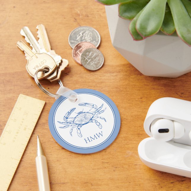 Coastal Blue and White Crab Monogram Key Ring (Desk)