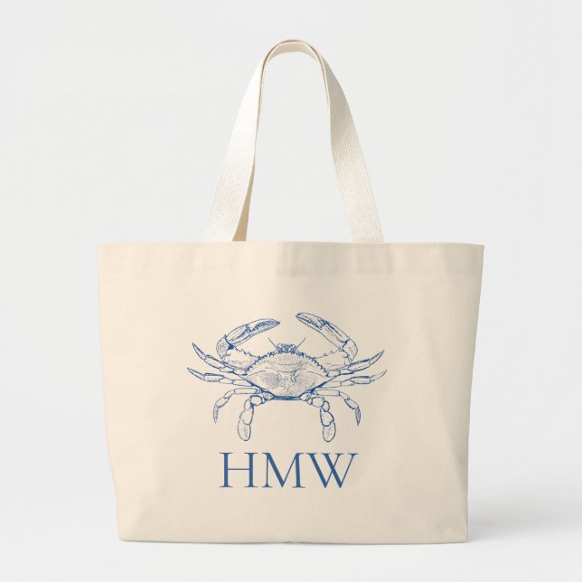 Coastal Blue and White Crab Monogram Large Tote Bag (Front)