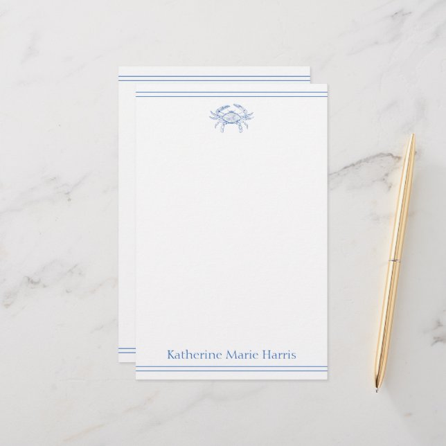 Coastal Blue and White Crab Personalised Stationery (Front/Back In Situ)