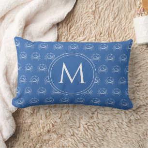 Coastal Blue and White Crabs Monogram Lumbar Cushion
