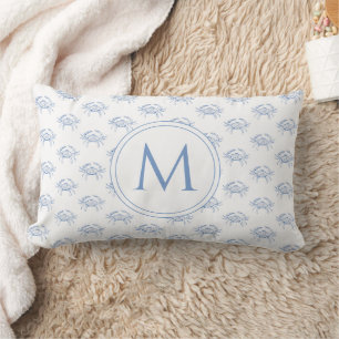 Coastal Blue and White Crabs Monogram Lumbar Cushion