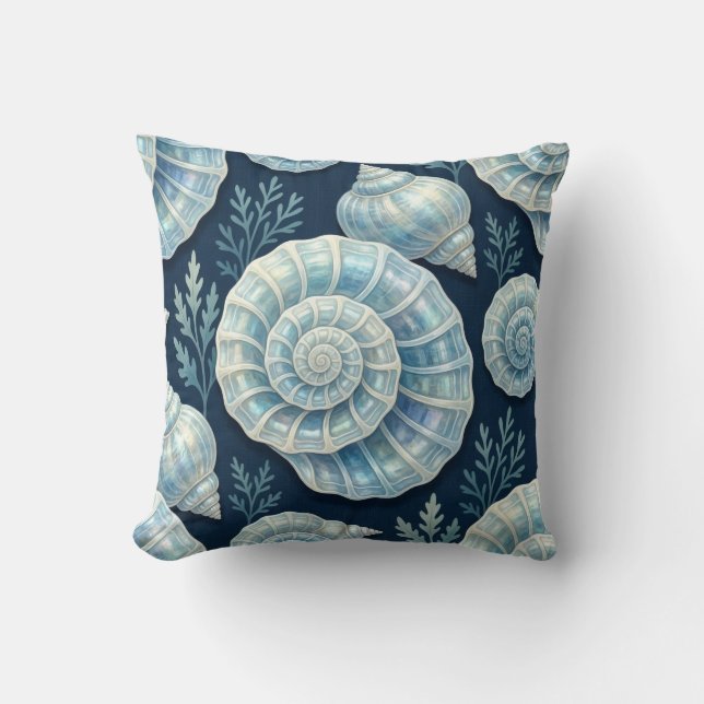 Coastal Blue and White Opal Seashells Cushion (Front)