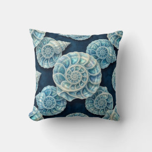 Coastal Blue and White Opal Seashells Cushion