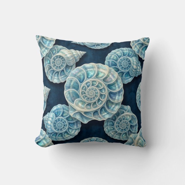 Coastal Blue and White Opal Seashells Cushion (Front)