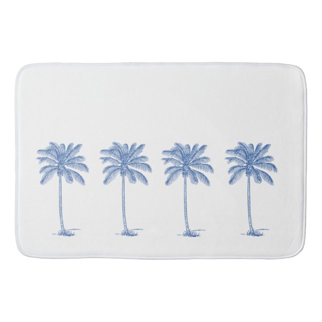 Coastal Blue and White Palm Palmetto Trees Bath Mat (Front)