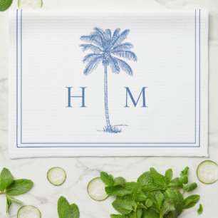 Coastal Blue and White Palmetto Palm Monogram Tea Towel