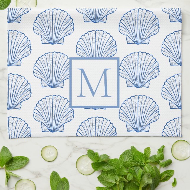 Coastal Blue and White Scallop Seashell Monogram Tea Towel (Folded)