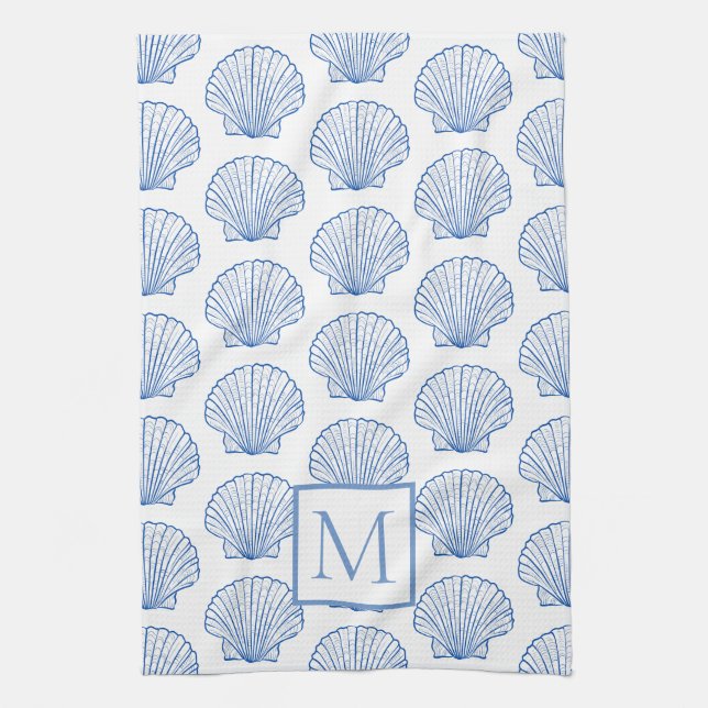 Coastal Blue and White Scallop Seashell Monogram Tea Towel (Vertical)
