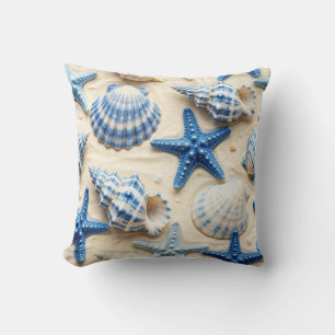 Coastal Blue and White Seashells and Starfish Cushion