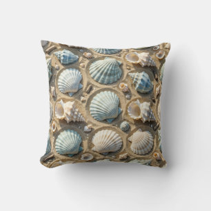 Coastal Blue and White Seashells and Starfish Cushion