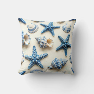 Coastal Blue and White Seashells and Starfish Cushion