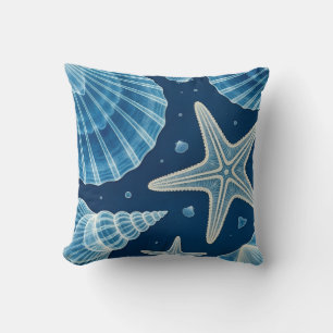 Coastal Blue and White Seashells and Starfish Cushion