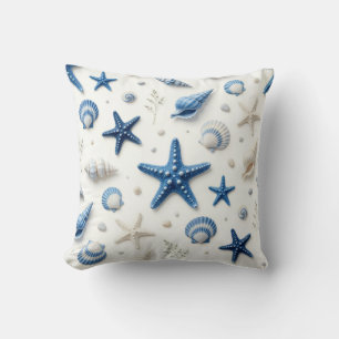 Coastal Blue and White Seashells and Starfish Cushion