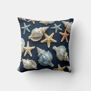 Coastal Blue and White Seashells Cushion