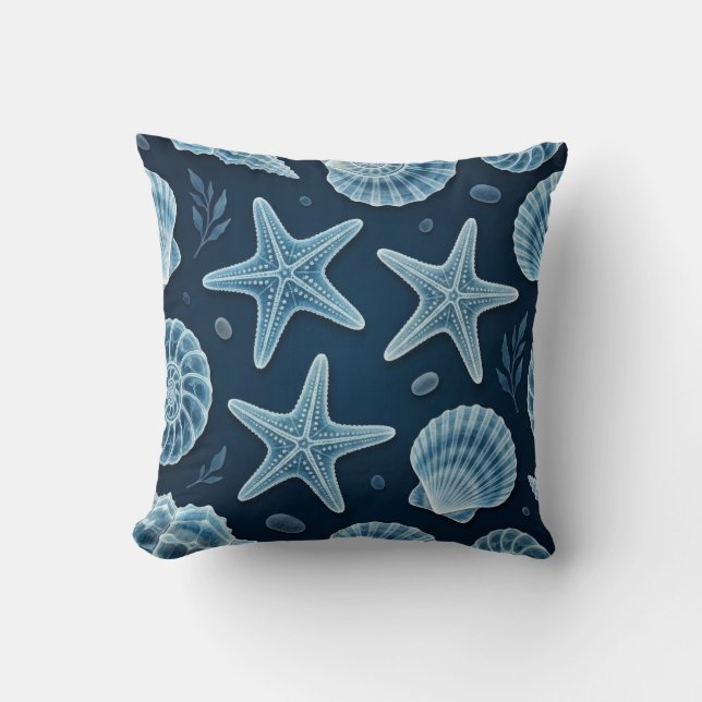 Coastal Blue and White Seashells Cushion (Front)