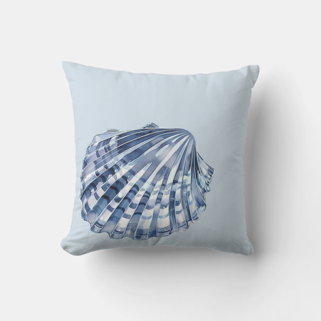 Coastal Blue and White Seashells Cushion (Front)