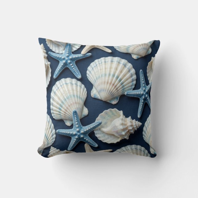 Coastal Blue and White Seashells Cushion (Front)