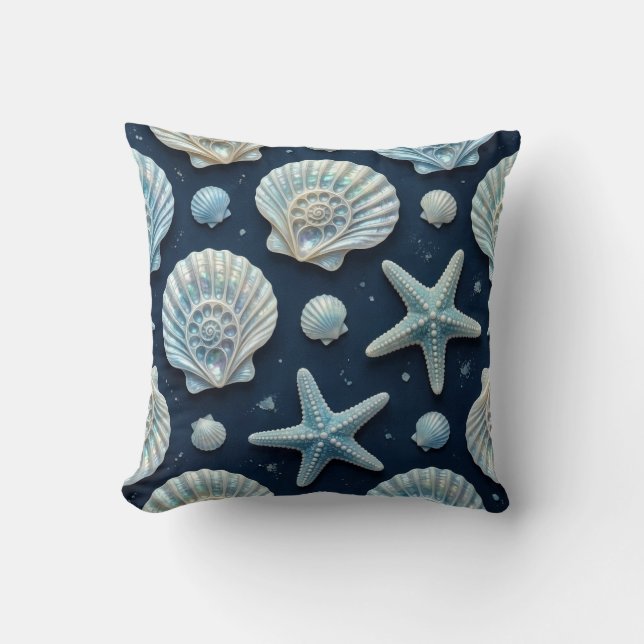 Coastal Blue and White Seashells Cushion (Front)