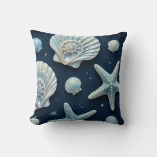 Coastal Blue and White Seashells Cushion