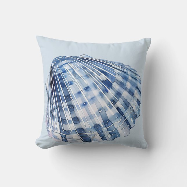 Coastal Blue and White Seashells Cushion (Front)