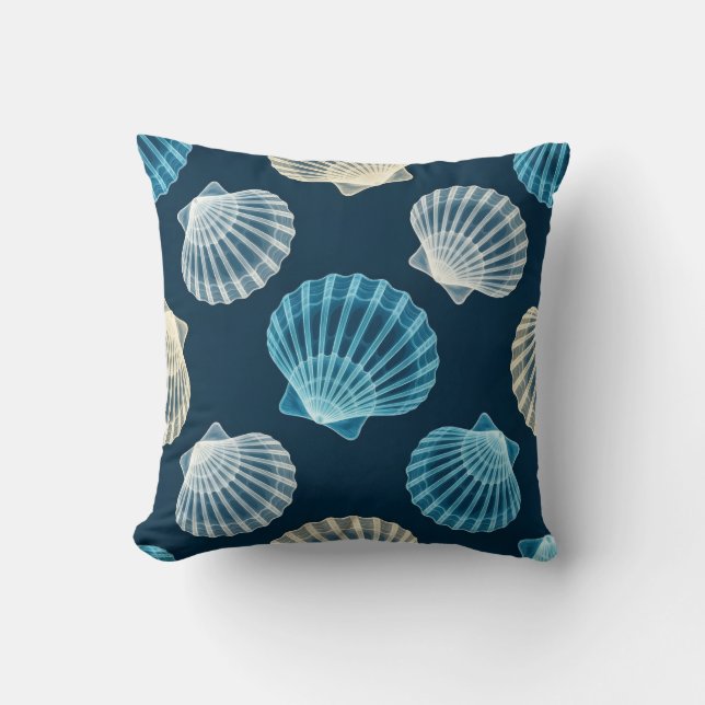 Coastal Blue and White Seashells Cushion (Front)
