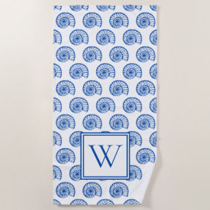 Coastal Blue and White Shells Monogram Beach Towel