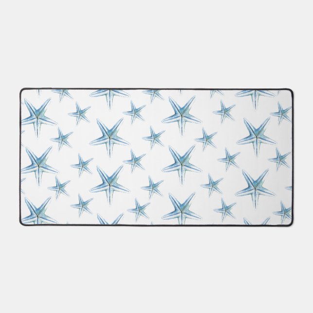 Coastal Blue and White Starfish Cute Desk Mat (Front)