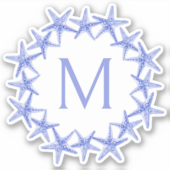Coastal Blue and White Starfish Wreath Monogram (Front)