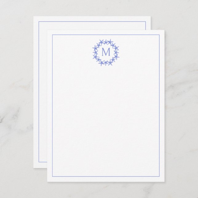 Coastal Blue and White Starfish Wreath Monogram Card (Front/Back)