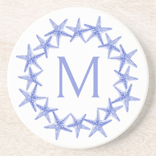 Coastal Blue and White Starfish Wreath Monogram Coaster (Front)